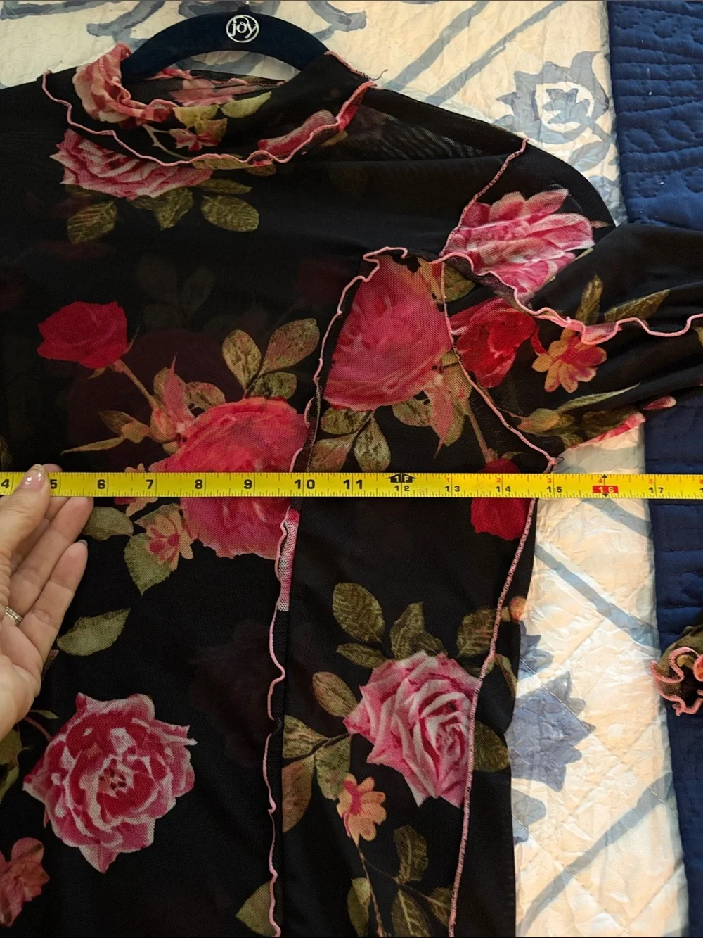 Free People Black Floral Mesh Long-Sleeve Top with Pink Roses
